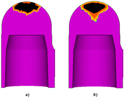 СКМ ЛП «ПолигонСофт» 13.4. Сравнение формы усадочной раковины: а) стандартная модель МАКРО; б) новая модель МАКРО